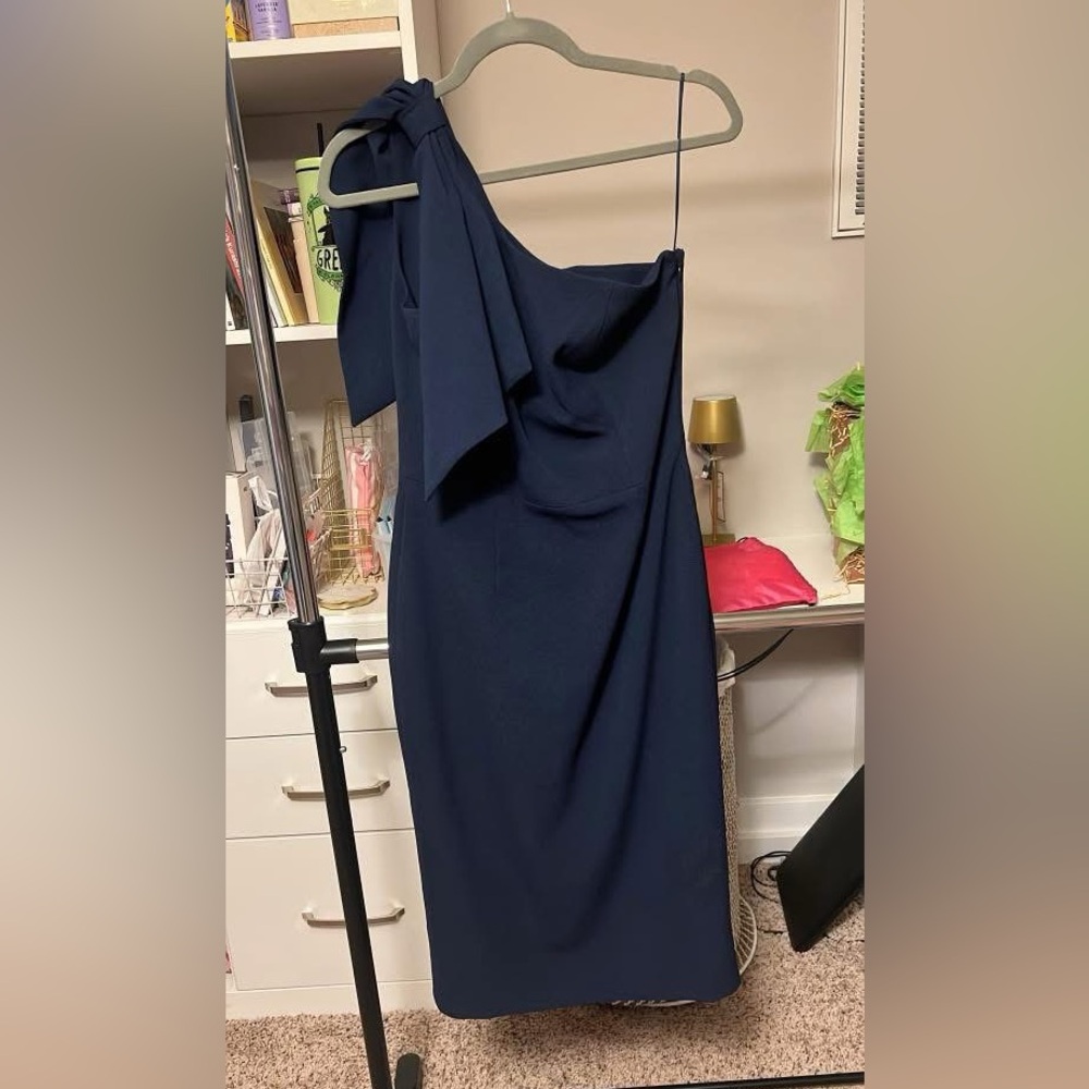 Dress the Population Blue One-Shoulder Sheath Cocktail Dress